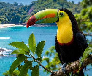 Ave de colores en un paisaje tropical · Imagen ilustrativa generada con IA